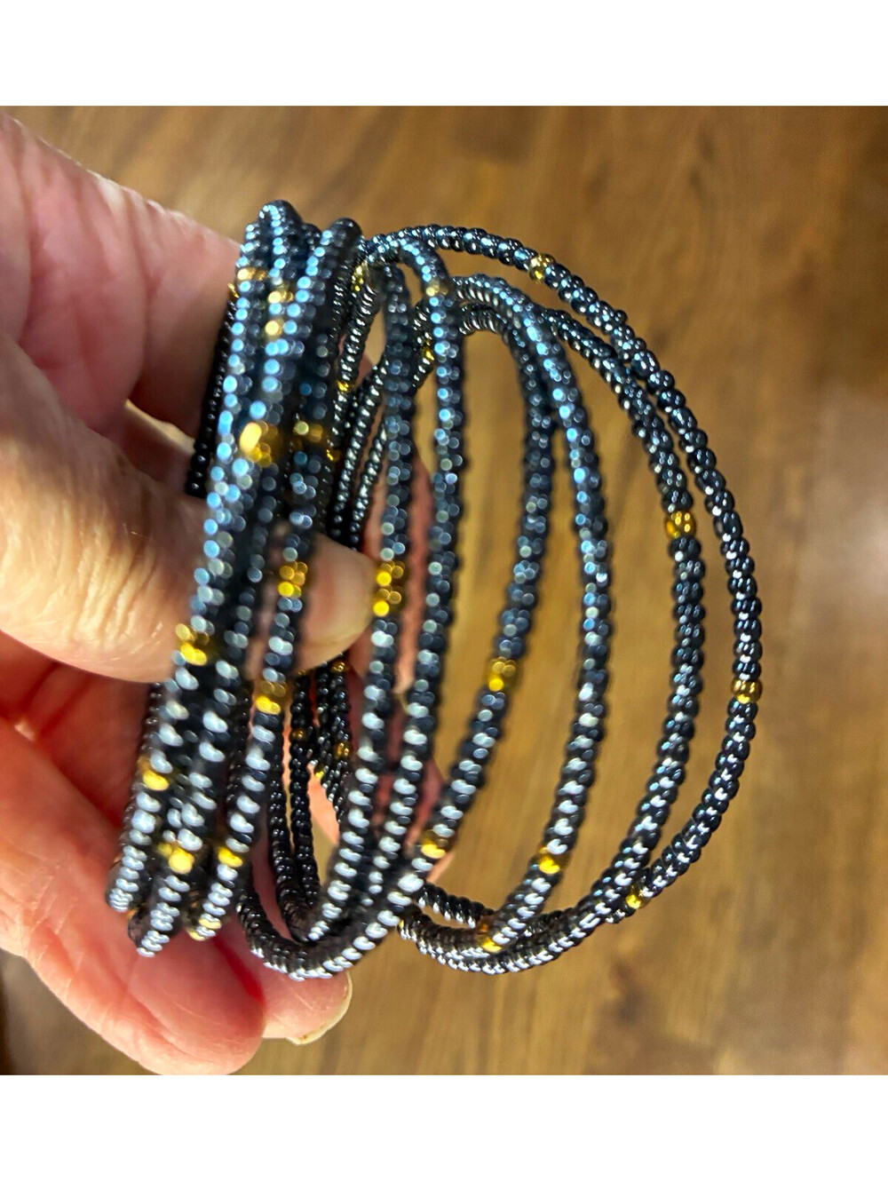 Black Gold Silver Tone Beaded Multi-Strand Wrap Bracelet Stackable